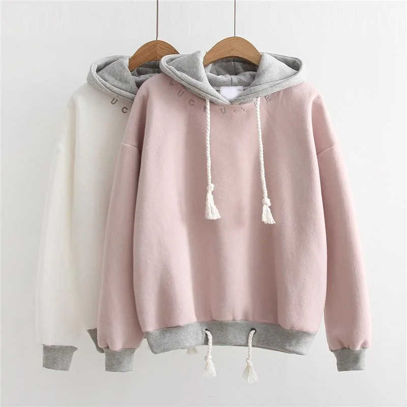 Women's Korean Fashion Drawstring Contrast Color Winter Hoodies