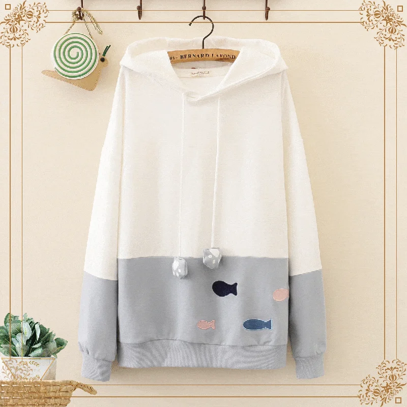 Women's Korean Fashion Fishes Embroidered Pad  Drawstring Hoodies 