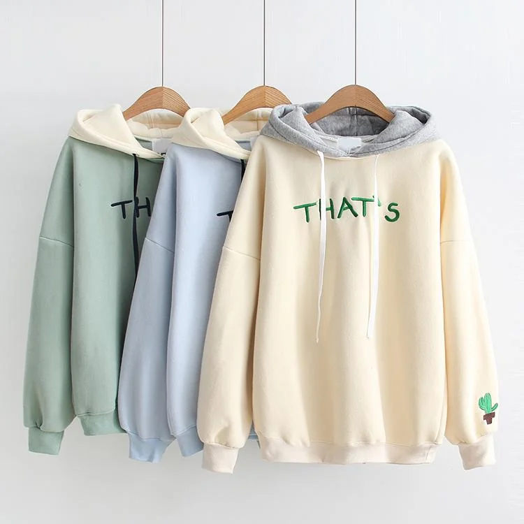 Women's Korean Fashion "That's" Embroidered Contrast Color Hoodies 