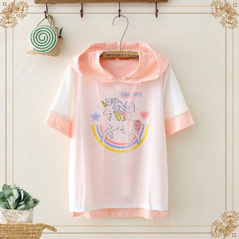 Women's Kawaii Unicorn Printed Contrast Color Hoodies