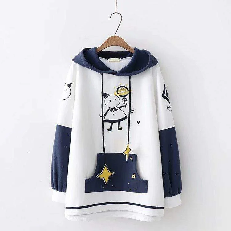 Women's Sweet Magic Printed Stars Drawstring English Printed Hooded Hoodies 