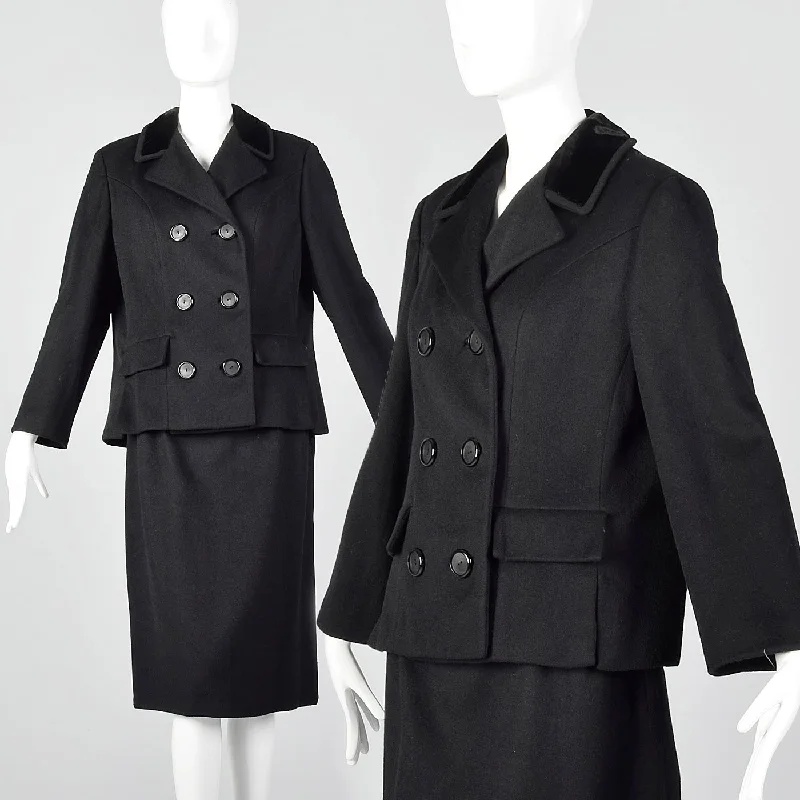 1960s Black Winter Skirt Suit with Boxy Jacket and Pencil Skirt