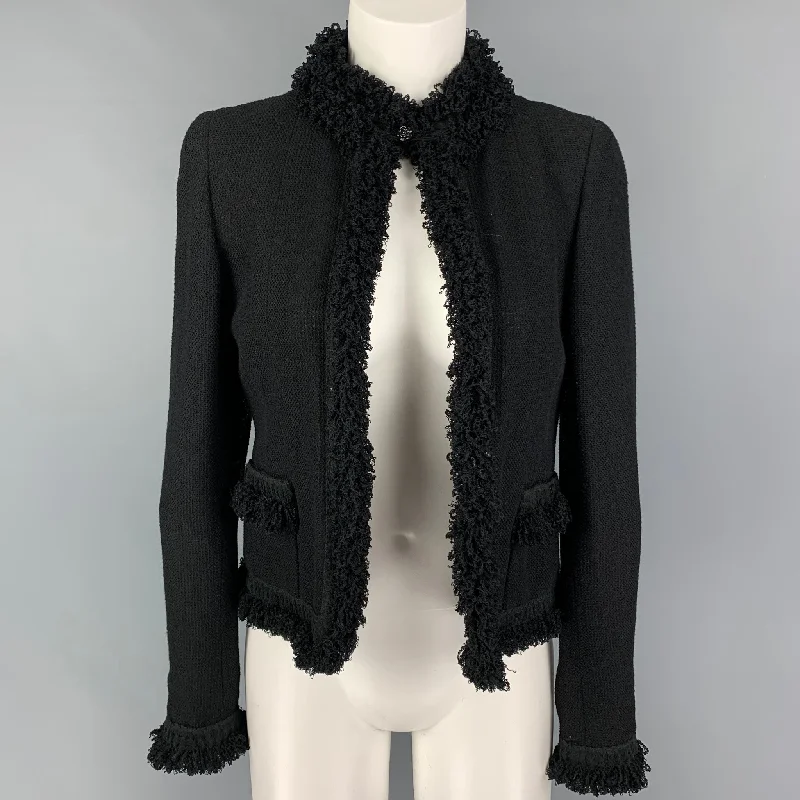 CHANEL Size 4 Black Wool Blend Open Front Jacket