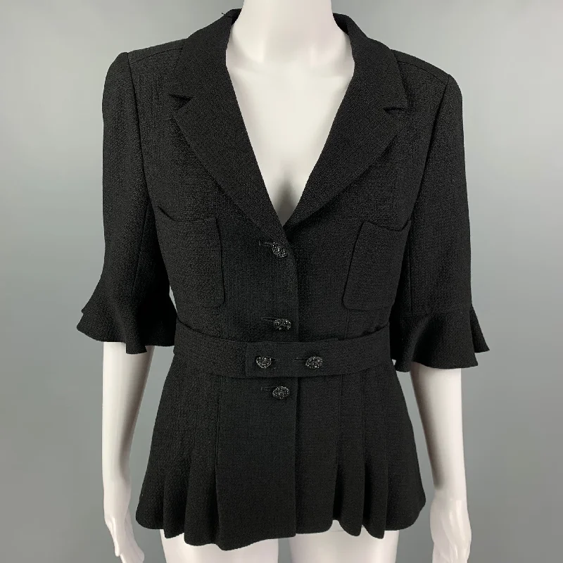 CHANEL Size 8 Black Wool Blend Textured Short Sleeve Jacket