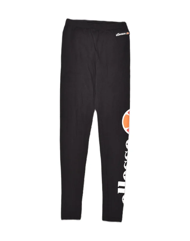 ELLESSE Womens Graphic Leggings UK 8 Small Black Cotton Trendy Leather-Look Workout Leggings
