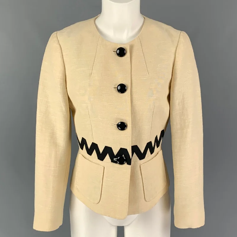 ETRO Size 4 Cream Black Silk Blend Ribbon Collarless Jacket