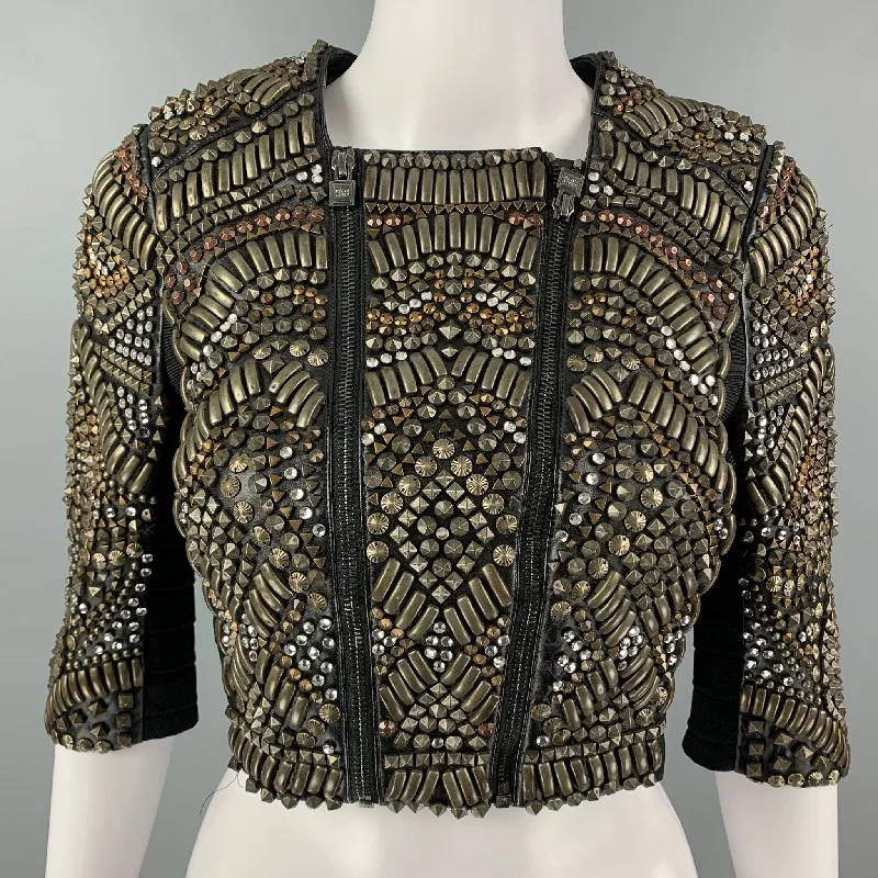 HERVE LEGER Size S Black Metallic Leather Cropped Jacket