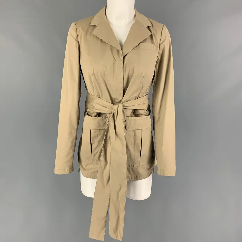 PRADA Size 4 Beige Cotton Blend Ruched Back Belted Jacket