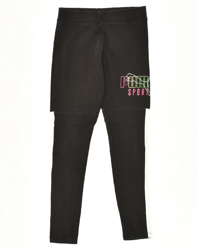 PUMA Womens Graphic Leggings UK 8 Small Black Colourblock Cotton Cozy Fashion Leggings