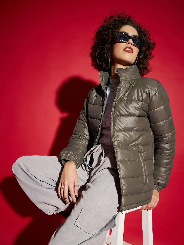 Women Olive High Neck Horizontal Quilt Puffer Jacket