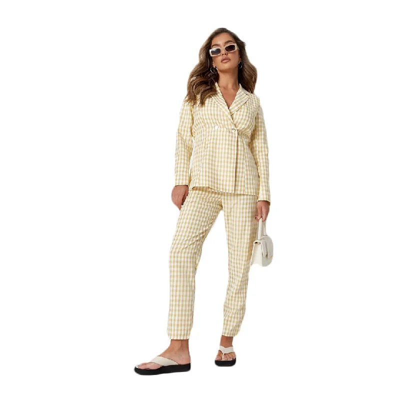 Summer Light Yellow Check Women Pants Suits Slim Fit Plaid Blazer Suit Ladies Prom Party Wedding Wear(Jacket+Pants)