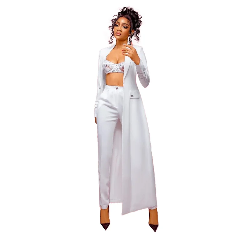 White Women Pants Suits 2 Pieces Plus Size Prom Evening Party Wear Celebrity Long Jacket