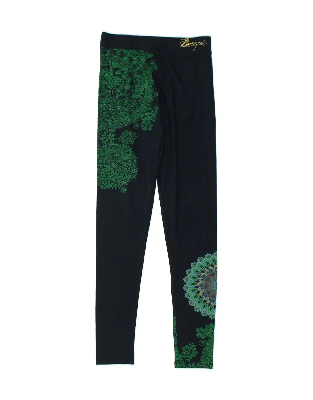 DESIGUAL Womens Leggings UK 10 Small Navy Blue Floral Cotton Stylish Ankle-Length Leggings