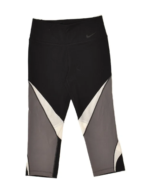 NIKE Womens Crop Leggings UK 8 Small Black Colourblock Fashionable Tummy Control Leggings
