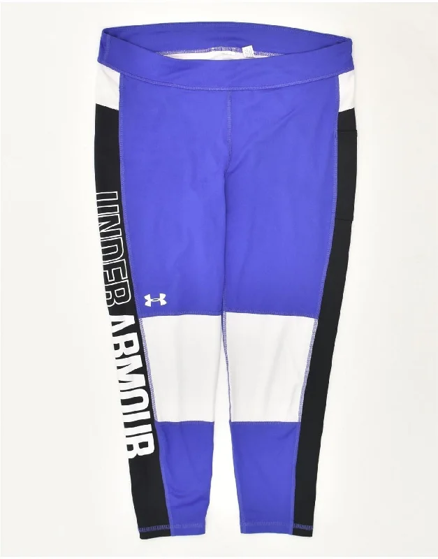 UNDER ARMOUR Womens Graphic Leggings UK 14 Medium Purple Colourblock Comfortable Ribbed Sports Leggings