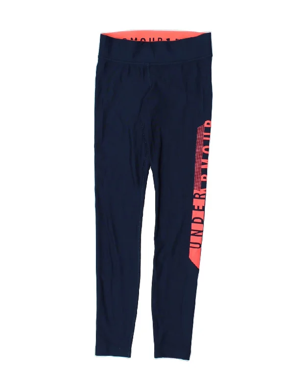 UNDER ARMOUR Womens Heat Gear Graphic Leggings UK 8 Small Navy Blue Comfortable Wide-Band Leggings