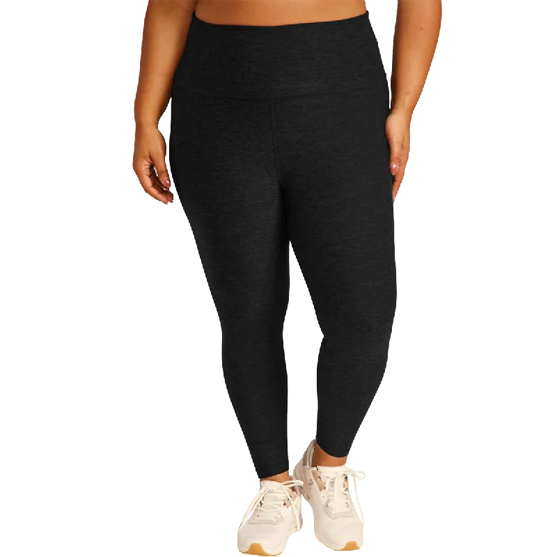 Women's Spacedye High Waisted Midi Legging - Extended Trendy Leather-Look Workout Leggings