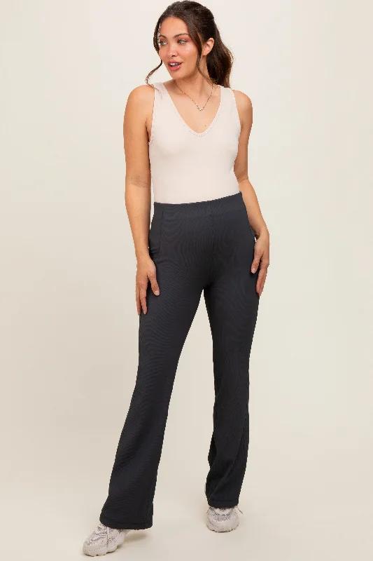 Charcoal Ribbed Maternity Flared Leggings Chic Printed Yoga Pants