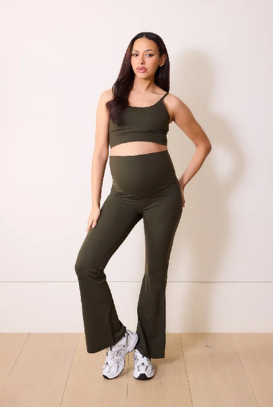 Maternity 24/7 Revitalise Flare Leggings - Deep Olive Fashionable Plus-Size Activewear
