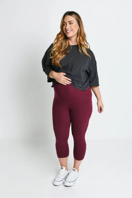 Maternity Everyday Cropped Leggings - Burgundy Fashionable Stretchy Fit Leggings