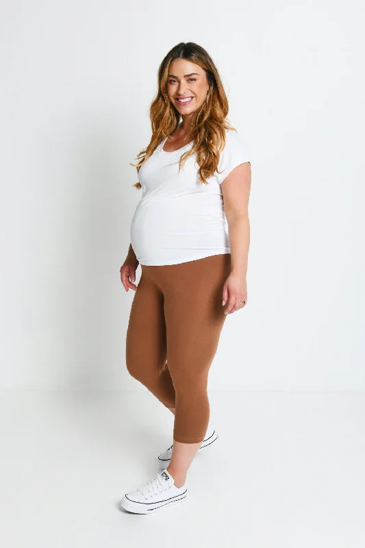 Maternity Everyday Cropped Leggings - Mocha Brown Elegant Printed Leggings with Pockets