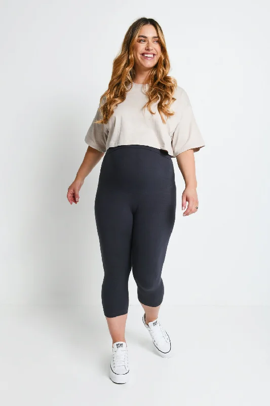 Maternity Everyday Cropped Leggings - Odyssey Grey Trendy Leather-Look Workout Leggings