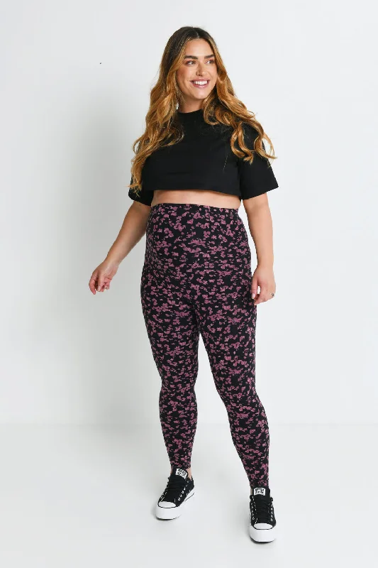 Maternity Everyday Leggings - Black/Burgundy Floral Trendy Colorblock Print Leggings