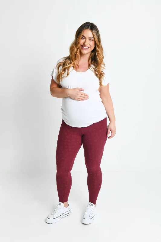 Maternity Everyday Leggings - Burgundy Animal Print Fashionable Fitted Workout Leggings