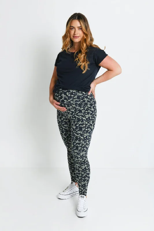 Maternity Everyday Leggings - Navy/Green Floral Trendy Cut-Out Activewear Leggings