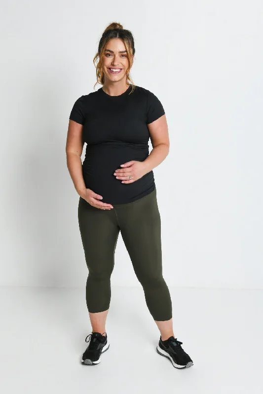 Maternity Focus Cropped Sports Leggings - Olive Green Comfortable Bootcut Workout Leggings
