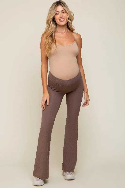 Taupe Ribbed High Waist Wide Leg Maternity Leggings Stylish Sweatproof Leggings
