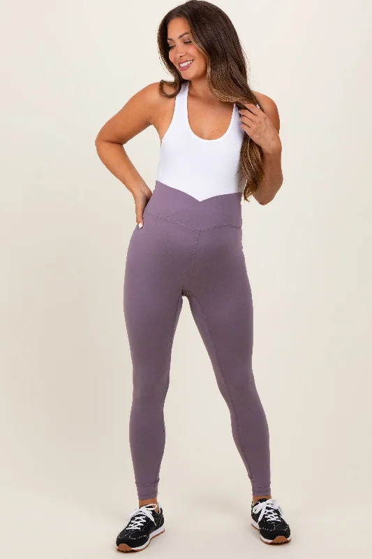 Violet Crossover Waistline Maternity Leggings Fashionable Solid Color Tights