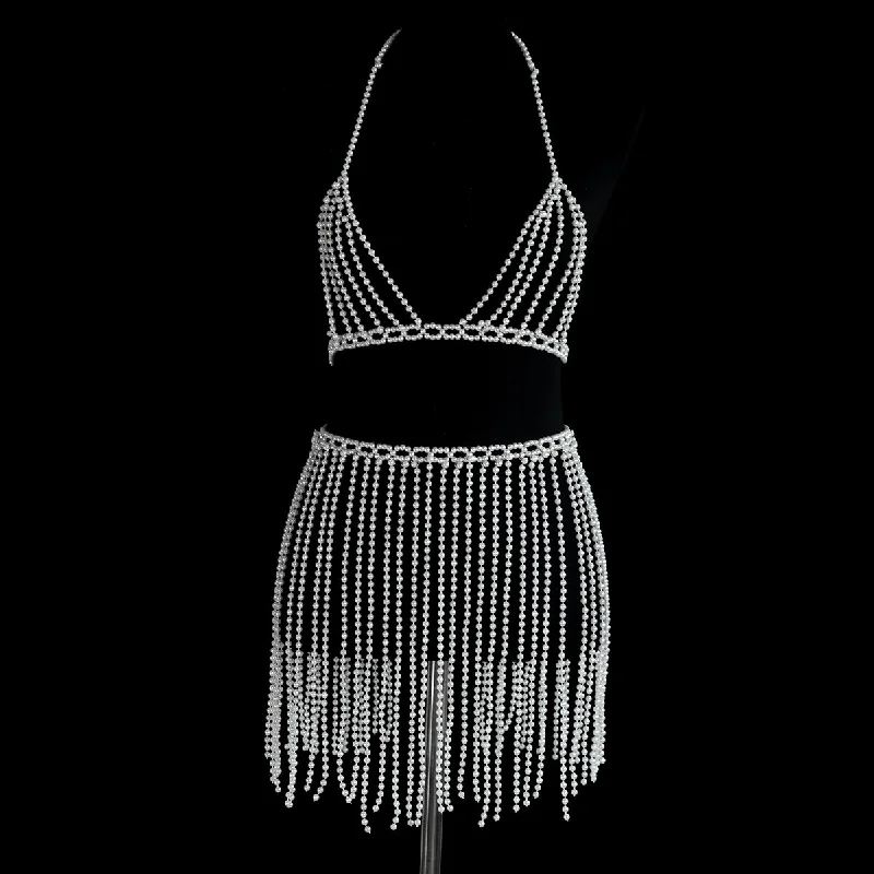 SHIHAN 2023 New Women Sexy Sparky Party Pearl Body Chain Jewelry Chain Top Skirts Two PCS Set for Women Pearls Body Chains