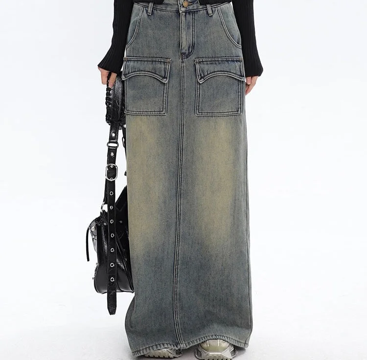 Aria Black Vintage Split Denim Midi Long Jeans Skirt