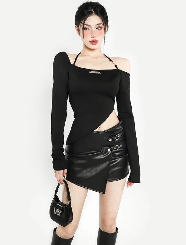 Mallory Solid Color Black Faux Leather Double Strap Asymmetrical Skirt