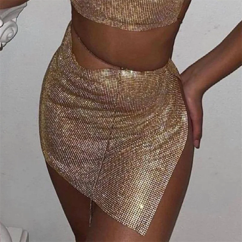 SHIHAN 2023 Rhinestones Mesh Swimsuit Cover up Sexy Crystal Party Diamond Mesh Mini Skirt