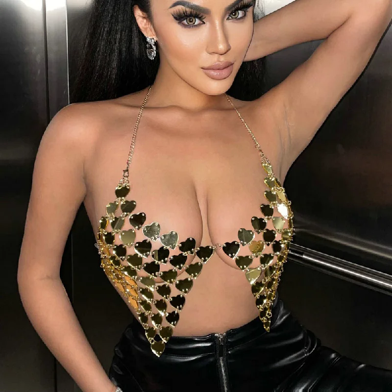 SHIHAN T20412 Gold Silver Backless Bra Metal Mini Skirt Short Bikini Jewelry Crop Top Metal Mesh Sequin Halter Women Tops