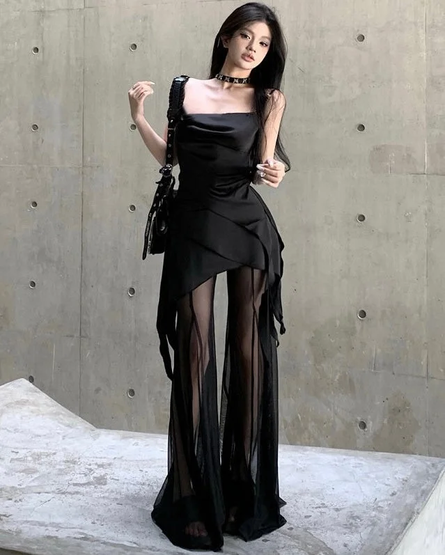 Vienna Solid Color Black Spaghetti Strap Pleated Square Neck Asymmetrical Top + High Waist Patchwork Long Sheer Skirt Pants Matching Set