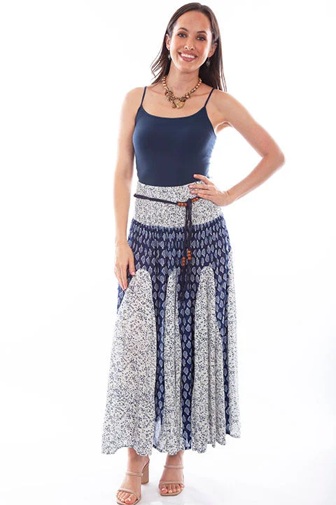 Women's White & Navy Print Boho Maxi Skirt