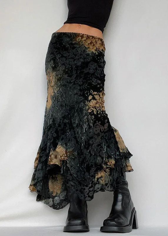 Chic Black Asymmetrical Print Ruffled Patchwork Silk Velour Skirt