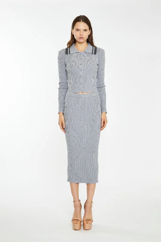 Grey-Marl Rib-Knit Midi-Skirt