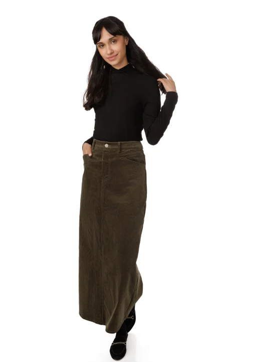 LONG OLIVE CORDUROY SKIRT