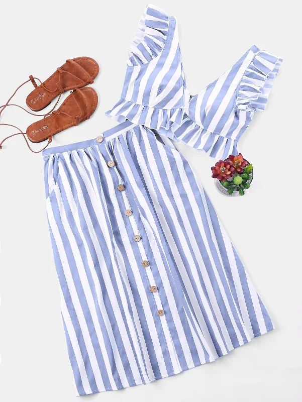 Two Piece Set V Neck Sleeveless Crop Top Striped Ruffle Button High Waist Skirts Suits Summer Women Sets