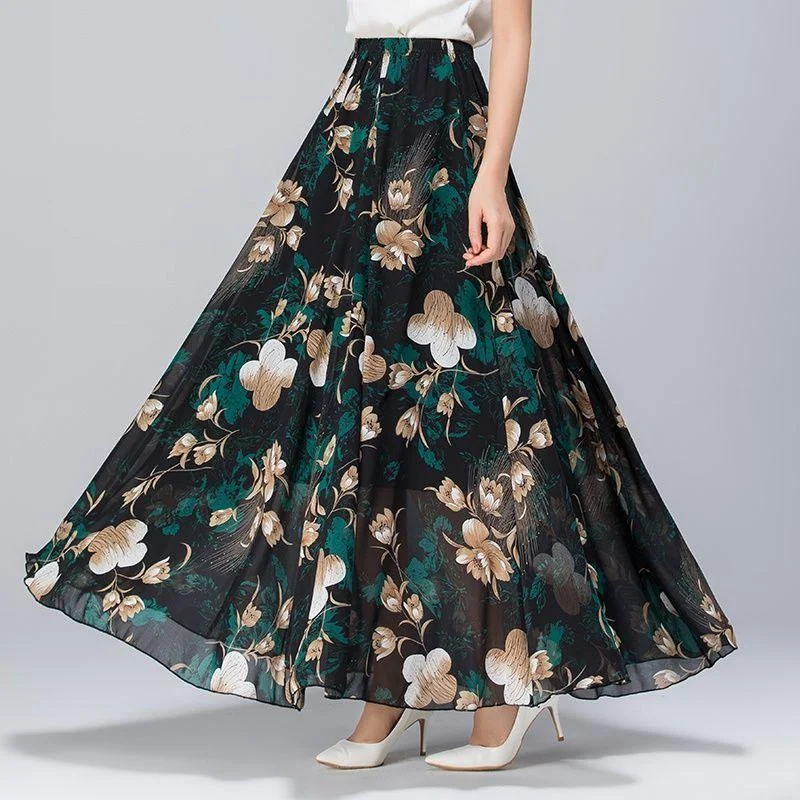 Women Vintage Elegant Floral Skirts Exquisite Printing High Waist A-line Chiffon Skirt Mid-length Chiffon Skirt