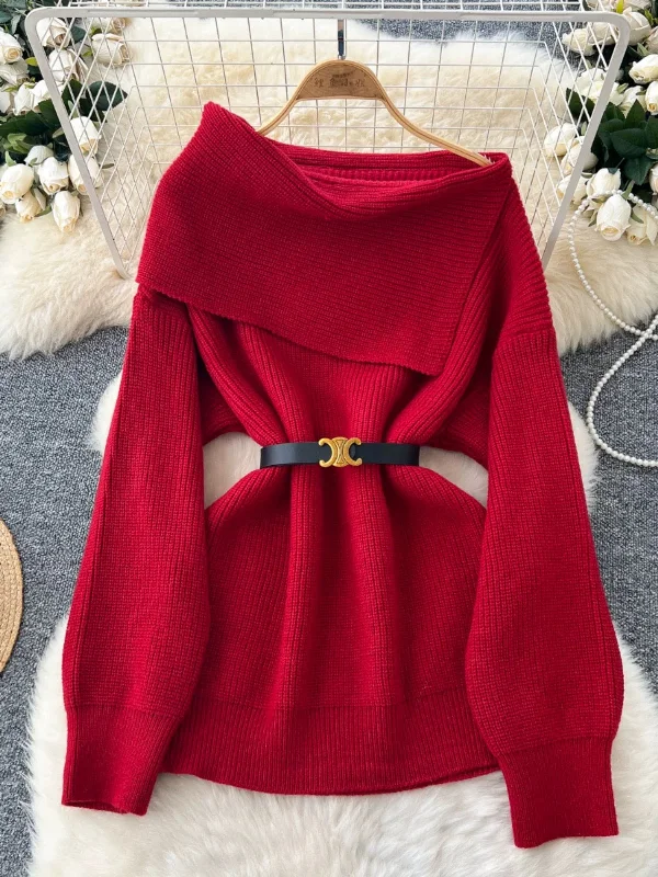 Amira Woolen Sweater with Belt Transparent Opaque Sheer