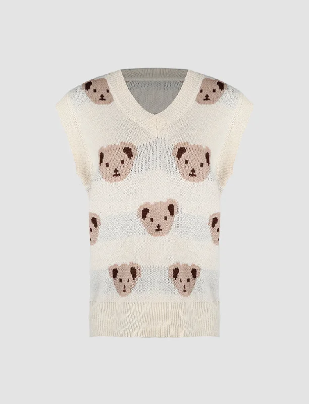 Apricot Cute Bear Embroidery Knitted Vest Sweater High Neck Crew Neck V-Neck
