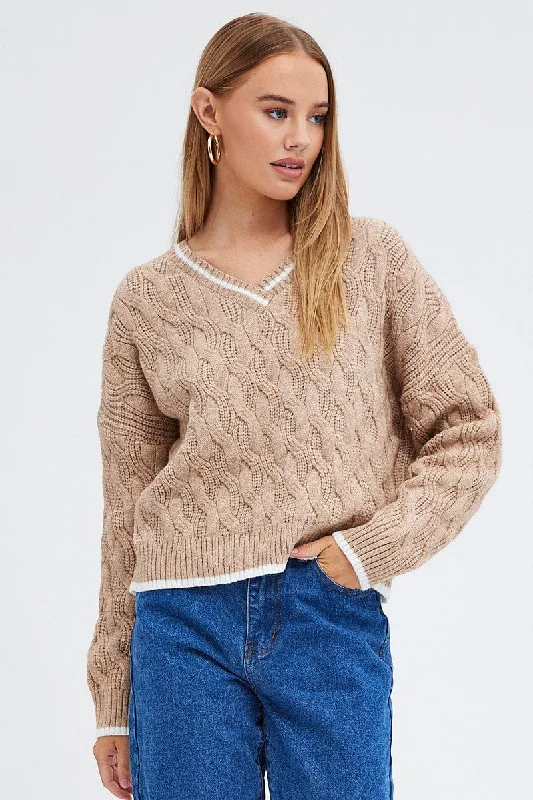 Beige Sweater Long sleeve V neck Zippered Front Buttoned Front Snap Front