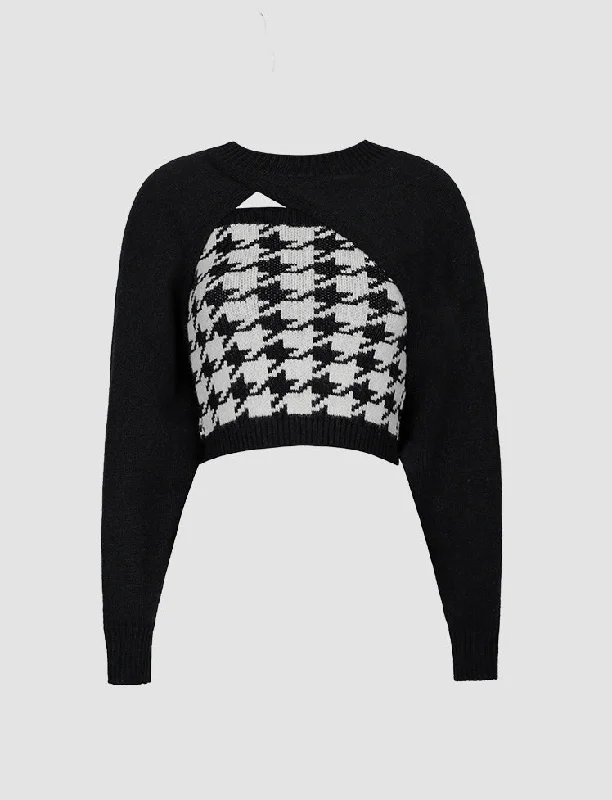 Black Houndstooth Vest&Knitted Sweater Set Velvet Chenille Corduroy