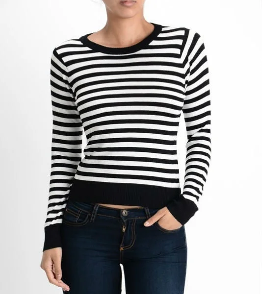 Black & White Striped Crew Neck Sweater Handmade Hand-knitted Hand-woven
