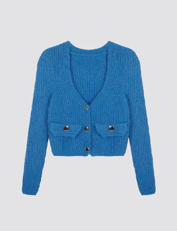 Blue Vintage Button Knitted Crop Sweater Nylon Fabric Polyester Fabric Spandex Fabric